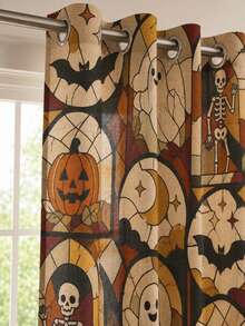 NOSBEI 2PCS Grommet Panels + 3PCS Rod Pocket Kitchen Set, Halloween Stained Glass Ghost, Skeleton And Pumpkin Faux Linen Curtains, Light Filtering Valance And Tiers, Gothic Decor - Multicolor - View 1