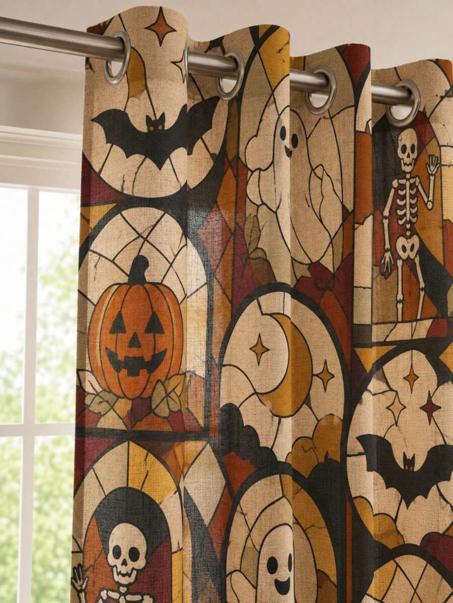 NOSBEI 2PCS Grommet Panels + 3PCS Rod Pocket Kitchen Set, Halloween Stained Glass Ghost, Skeleton And Pumpkin Faux Linen Curtains, Light Filtering Valance And Tiers, Gothic Decor - Multicolor - View 1