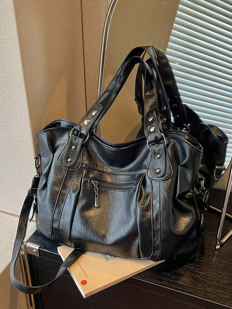 Fashionable Faux Leather Large Capacity Tote Bag, Commuter Shoulder Crossbody Handbag For Women, Suitable For Outings, Shopping, Travel