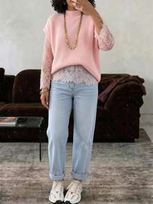 2pcs Pink Knitted Sweater Set, Soft Loose Stand Collar Sleeveless Vest With Lace Patchwork Top, Elegant Style - Pink - View 5