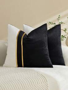 1/2pcs Black & White Velvet Patchwork Gold Leather Striped Throw Pillow Cover, Square Cushion Case, Holiday Home Decor Pillow, Soft & Comfortable Fabric, Modern Decorative Sofa, Home Bedroom, Dorm Use - Black - View 1