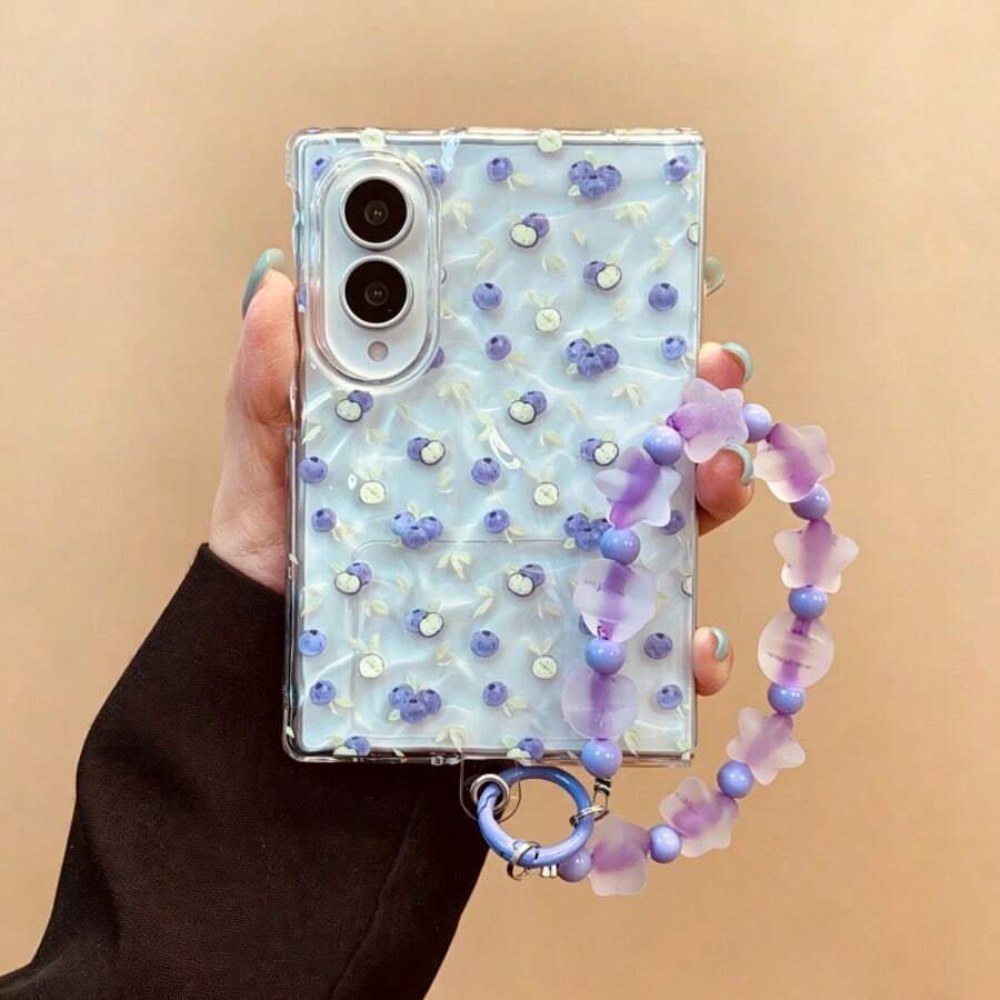 Casing Ponsel Transparan Motif Blueberry Lucu dengan Rantai Manik Berbentuk Bintang, Kompatibel dengan ZFold 8 Wide, Kompatibel dengan iPhone Duo, Casing Ponsel Lipat, Pelindung Anti Jatuh Netral