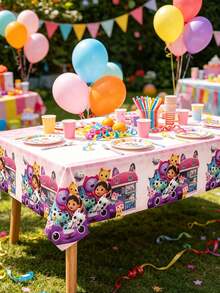 MASSDI Gabby Pastel Pink Disposable Party Tablecloth, Cartoon Character & Dollhouse Pattern Rectangular Table Cover, Waterproof Spill‑Proof Table Decor For Backyard Birthday Gathering, Festival Party Supplies - Multicolor - View 9