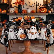 1pc Halloween Tablecloth Fabric,Funny Cartoon Ghost Witch Hat Pumpkin Spider Web Pattern Table Cover,Scratch Resistant Waterproof Polyester Table Cloth,Rectangular Tabletop Decoration Supplies For Halloween Trick Or Treat Party Home Dining Room Decor - View 7