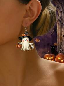 1 Pair 2D Flat Ghost Pattern Acrylic Earrings, Lightweight Cartoon Style Halloween Earrings, Perfect Fashion Halloween Gift For Girls And Women, Suitable For Any Occasion, Exquisite Gift For Halloween And Christmas - White - View 4