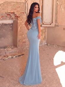 Elegant Women's Off-Shoulder Long Chiffon Dress, Decorated With Floral Sequins Party Wedding Fall - Baby Blue - View 2