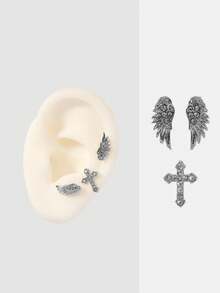 MortiRose 3pcs Delicate Fashionable Versatile Personalized Niche Rhinestone Cross Wing Earrings, Not Suitable For Daily Wear But Suitable For Festivals ,Party - Cross Wings - View 11
