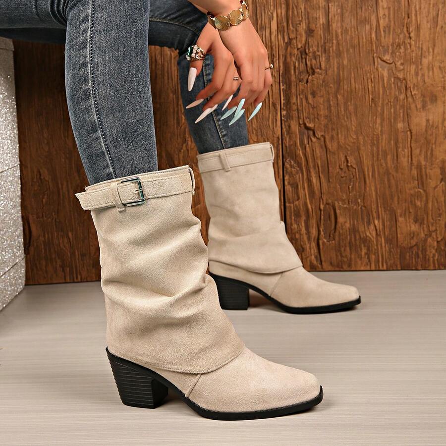 Western Vintage Style 2-Way Wear Ruched Mid-Calf Women's Boots, Suede Chunky High Heel Buckle Boots, Suitable For Street, Commute And Daily Wear - Beige - View 1