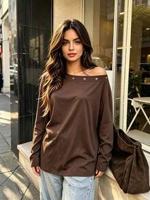 Women's Spring/Autumn Elegant Casual Daily Vacation Travel Country Music Concert Asymmetric/Irregular Off-Shoulder Solid Color Knit Long Sleeve T-Shirt - Rust Brown - View 3