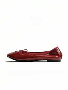Plus Size Wide Fit Ruched Texture Pointed Toe Mini Bow Slip-On Ballet Shoes - Burgundy - View 2