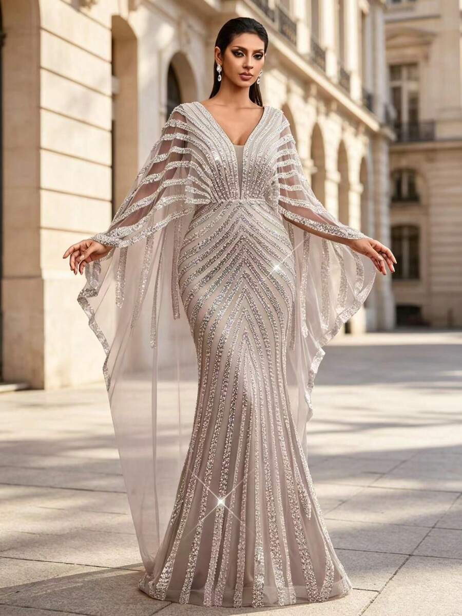 AMILUCK Women's Elegant Sequin & Pearl Deep V-Neck Design One-Piece ...