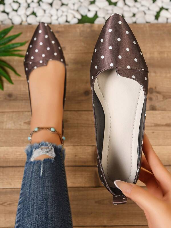 French Polka Dot Pointed Toe Flat Ballet Shoes For Women, Side Hollow Cutout Low Vamp Soft Sole Commuter Granny Shoes
