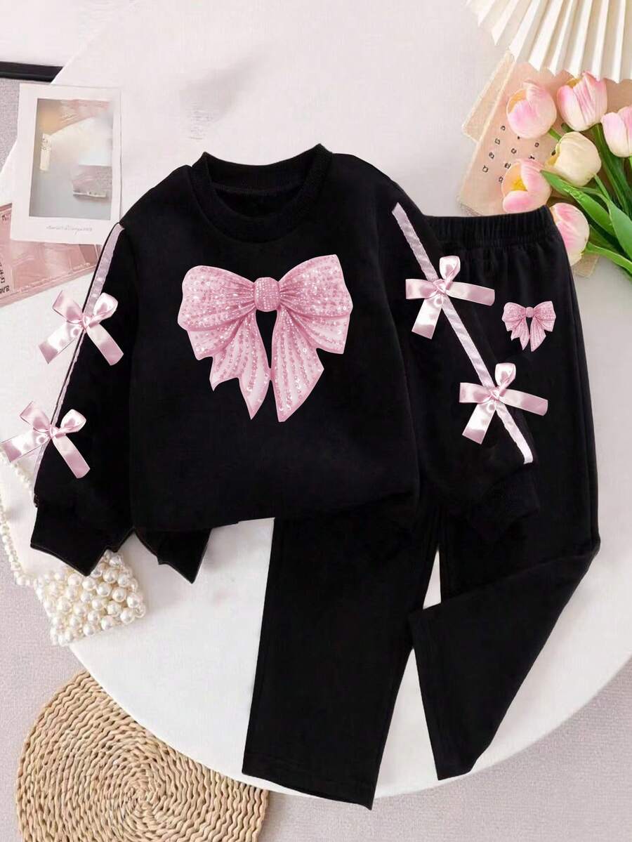 Young Girl Ribbon Bow Decor Round Neck Long Sleeve Top And Long Pants - Black - View 1