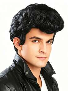 8 Inch Black Voluminous Big Pompadour Wig, Retro High Top Design, Rock Star Style Men's Wig, Suitable For Halloween, Cosplay And Rock Party - Black - View 4