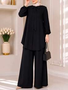 Women's Casual Minimalist Loose Long Sleeve Shirt + Wide Leg Pants 2pcs Set, Solid Color Front Button Tie-Up Daily Wear - Black - View 2