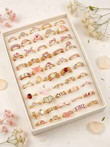 9/18Pcs/Lot Fashion Exquisite Sweet Heart-Shaped Pink Rhinestone Oil Drop Rings For Women Men Holiday Party Gifts Daily Wearing Jewelry Accessories - Pink Rhinestone Cat's Eye Gold Ring - View 5