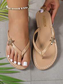 Women's Plus Size Wide Fit Flip Flop Sandals, Casual Fresh Minimalist Slip-On Flat Sandals With Starfish Metal Decor For Outdoor Beach - Apricot - View 1