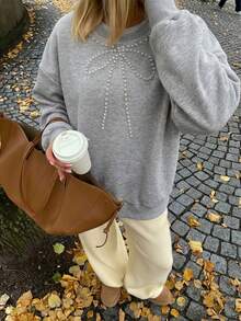 Women's Fashion Grey Hooded Pullover Sweatshirt With Wavy Trim And Drawstring - Grey - View 7
