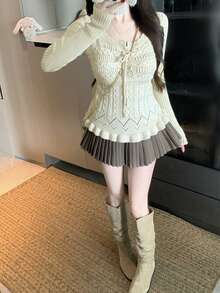 Elegant Hollow-Out Waist-Cinching Long Sleeve Knit Top For Women, Early Autumn Soft Style Slimming Short Length Regular Shoulder Blouse - White - View 5