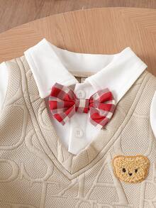 Autumn New Baby Boys Letter Embossed Gentleman Style Lapel Long Sleeve Shirt 2 In 1 Bowknot Apricot Jumpsuit With Pants Set, Easy To Put On And Take Off, Versatile Crawler Outfit - Apricot - View 3
