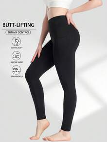 Spring Summer Autumn Women's High Waist Seamless Leggings With Pockets, Tummy Control Butt Lifting Yoga Pants, Solid Color Elastic Compression Leggings For Gym, Pilates, Training, Running, Workout, Cycling, Comfortable Sports Long Pants - Black - View 5