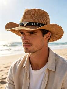 1pc Unisex Western Straw Cowboy Hat, Outdoor UV Protection Breathable Woven Summer Hat, Suitable For Travel And Beach Wear - Black Arrow-shaped Hollowed-out Straw Hat - View 1