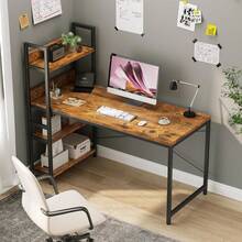 Schreibtisch mit 4-Tier Seitlichem Regal, 120 cm Breiter Computertisch mit Ablage, Stabil Bürotisch mit Metallgestell, Einfache Montage für Home Office - Rostbraun/120 x 56 x 120 cm - Übersicht 1