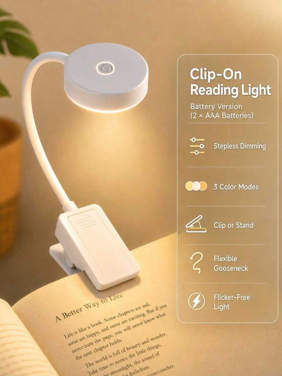 4pcs 4-LED Black/White Clip-On Book Light, Eye-Care Reading Lamp, 3 Color Temperatures, Dimmable, Mini Portable Clip-On Reading Light (Battery Not Included) - Multi-color - View 1