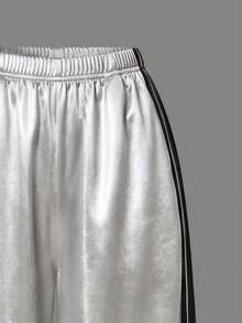 Lurzo Girls Casual Metallic Luster Loose Straight Leg Pants, Double Stripe Side Design, Smooth And Soft, Suitable For Daily, Outdoor, Performance Wear - Silver - View 6