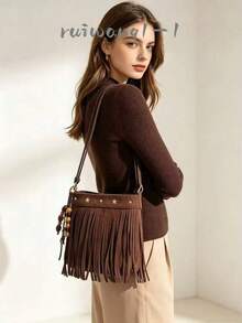 Women's Coffee Brown Exquisite Small Faux Suede Crossbody Bag, Tassel Style With Rivet Star Inlay, College Style Phone Bag, Suitable For Shopping - Coffee Brown - View 1