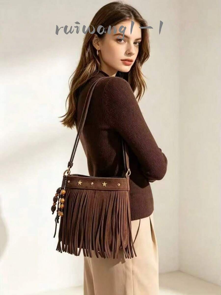 Women's Coffee Brown Exquisite Small Faux Suede Crossbody Bag, Tassel Style With Rivet Star Inlay, College Style Phone Bag, Suitable For Shopping - Coffee Brown - View 1