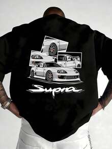 Vintage Black Pure Cotton T-Shirt With Supra Car Graphic, Casual Crew Neck For Men, Spring/Summer, Retro Racing Style, Streetwear - 黑色 - 查看 9