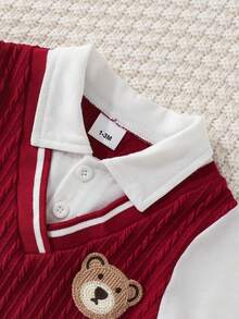 Newborn Baby Boy Fashion Patchwork Striped Ribbed Embroidered Bear Applique Basic Polo Collar Front Opening Long Sleeve Bodysuit, Suitable For Daily Wear And Outings - Red - View 4