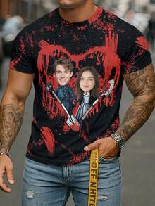 Black Bloodstain Print Customized Photo Men's Short Sleeve T-Shirt, Personalized Halloween Holiday Party Outfit - Multicolor - View 4