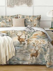 3PCS Watercolor Forest Deer Duvet Cover Set(1 Duvet Cover + 2 Pillowcases, Pillow Inserts Not Included), Birch Tree Stream Botanical Leaf Print Bedding Set, Soft Polyester Comforter Cover With Pillowcases, Nature Wilderness Themed Bed Linens - Multicolor - View 14
