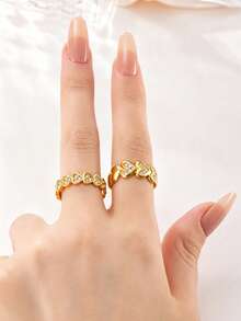 2pcs Sweet & Cool Y2K Fashion Stainless Steel Gold Ring Set, Full Rhinestone Heart Chain Design, Suitable For Women's Daily Wear, Dating, Engagement, Wedding, Holiday, Saudi National Day - Gold - View 6