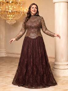 UNITHORSE[Random Cut]Plus Size Women Elegant Stand Collar Straight Long Sleeve Cuff Split Beaded Embroidery Contrast Lace Formal Evening Dress - Coffee Brown - View 2