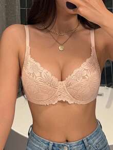 DAZY Women's Lace Patchwork Jacquard Wave Pattern Underwire Supportive Push-Up Bra - Apricot - View 3