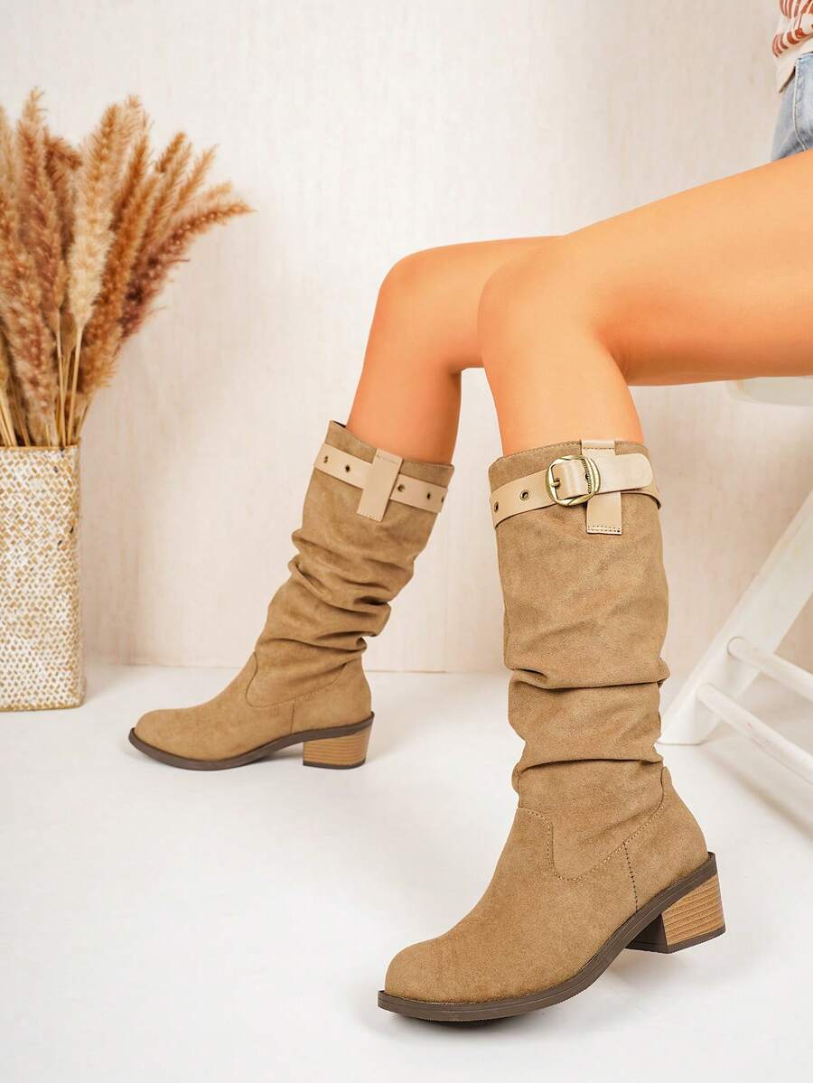Women's Faux Suede Tall Boots With Buckle, Chunky Heel, Western Style, Ruched Stacked Boots, Commuter Boots - Khaki - View 1