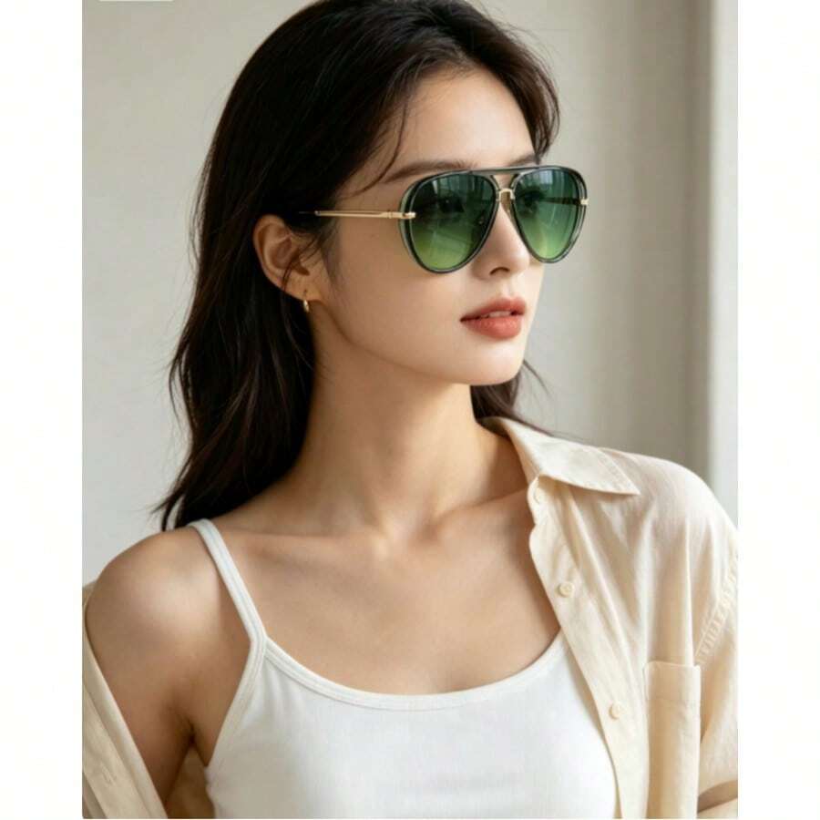 Unisex Oversized Double Bridge Glasses, Retro Panda Eye Shape Frame, Fashionable And Versatile Unisex Glasses, Suitable For Cycling, Street Style, Pho - Gold and Green - View 1