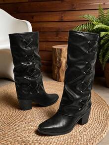 Fangyu Women's New Autumn/Winter Chunky Heel Pointed Toe Pant Boots, Fashionable European And American Style Versatile Tall Boots - Black - View 5
