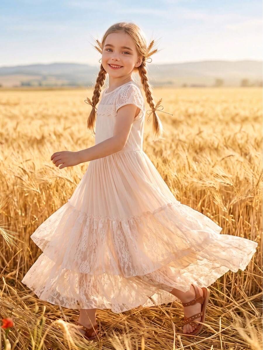 Tween Girl Floral Lace Backless Dress, Teens Short Sleeve Big Hem Flower Girl Wedding Long Gown