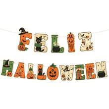 1 Set Halloween Letter Banner, Vintage Black Cat Pumpkin Ghost Paper Hanging Flags, Spanish Halloween Party Decorations - Green Pumpkin - View 1