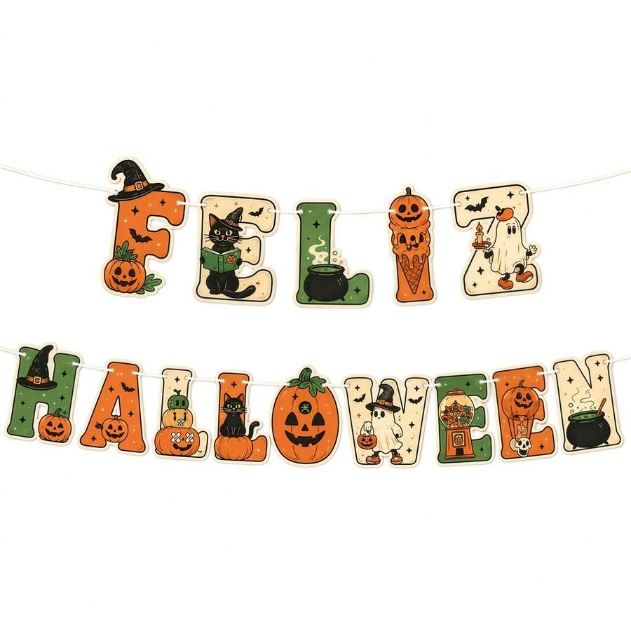 1 Set Halloween Letter Banner, Vintage Black Cat Pumpkin Ghost Paper Hanging Flags, Spanish Halloween Party Decorations - Green Pumpkin - View 1