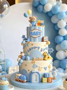 1pc Blue Bear Theme Cake Topper, Rocking Horse Train Blocks Decoration, Baby Birthday Dessert Table Accessory, Baby Shower Decoration - Multicolor - View 2