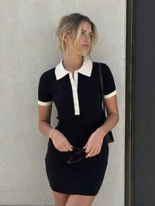 Spring/Summer New Slim Fit Bodycon Mini Dress, American Retro Polo Collar Knit Dress - Black and White - View 4