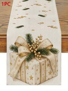 Christmas Table Runner, Throw Pillow, Placemat, Vintage Gold Star Gift Box Bow Pine Branch Berry Print, Kitchen Dining Room Holiday Tabletop Decor - Multicolor - View 14