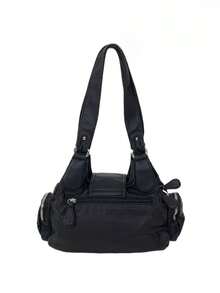Y2K Metal Buckle Rivet Shoulder Bag, Vintage Washed Faux Leather Hobo Bag, Detachable Crossbody Strap Casual Handbag - Black - View 9
