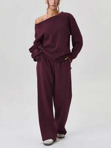 Solid-Color Slanted Shoulder Design Sporty Casual Fashion Two Pieces Set - Purple - View 1
