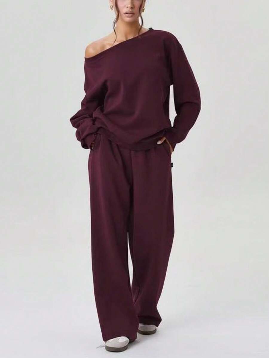Solid-Color Slanted Shoulder Design Sporty Casual Fashion Two Pieces Set - Purple - View 1
